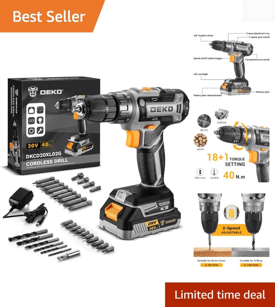 Compact Cordless Drill Set 20V with Battery & 10 Bits - Ideal for DIY Projects