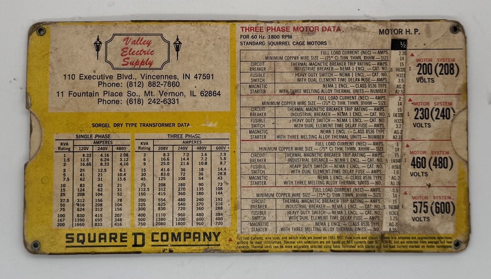 Vintage Square D Motor Data Slide Calculator Chart 1983 NEC Engineering Electric