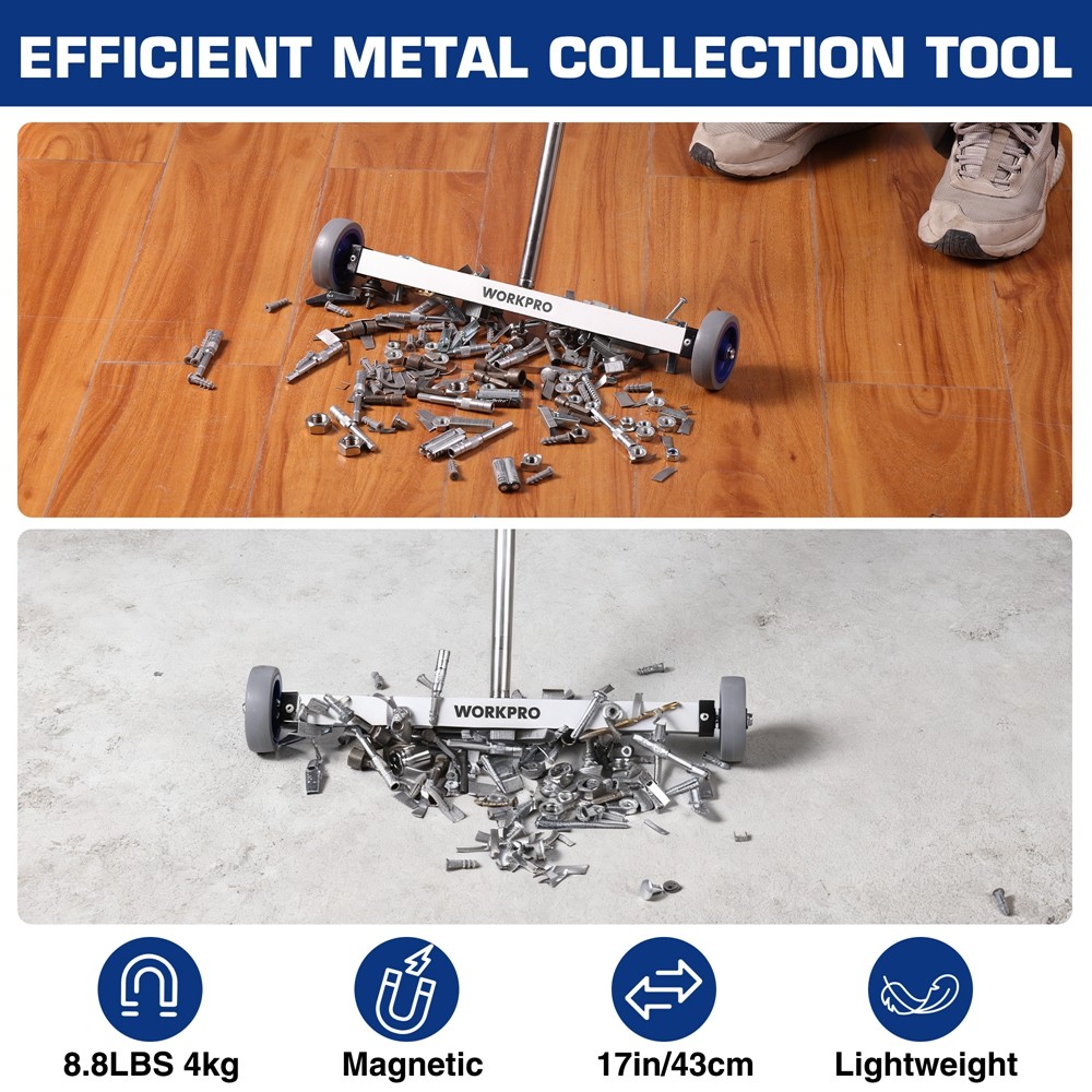 WORKPRO 17" Magnetic Sweeper Telescoping Wheel Rolling Sweeper Adjustable Handle