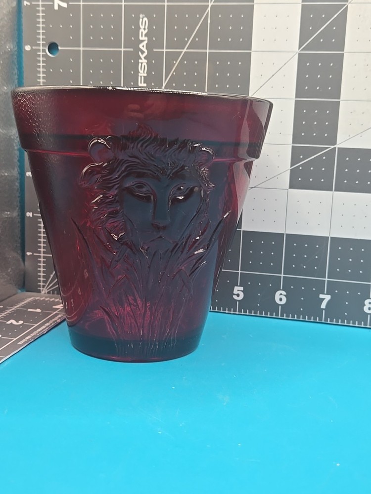 Vintage 5" Tall Ruby Red Glass Planter Eith Lion Head Flower Embossed Around It