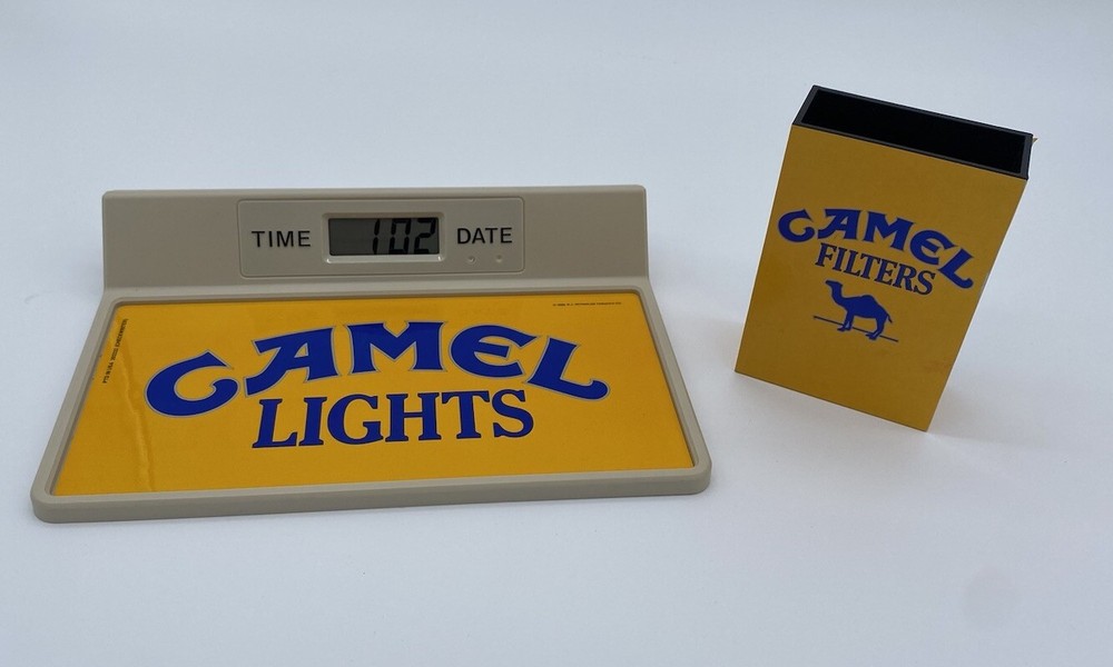 Vtg 80s Camel Lights Store Display Clock Check Writer & Plastic Filters Box