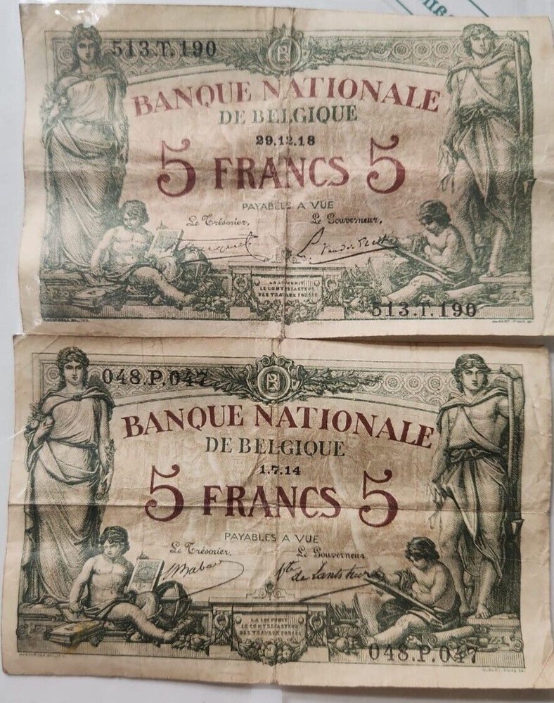 Belgium 5 Francs Pair 1914&1918, Different Dates Fine Condition BEAF3