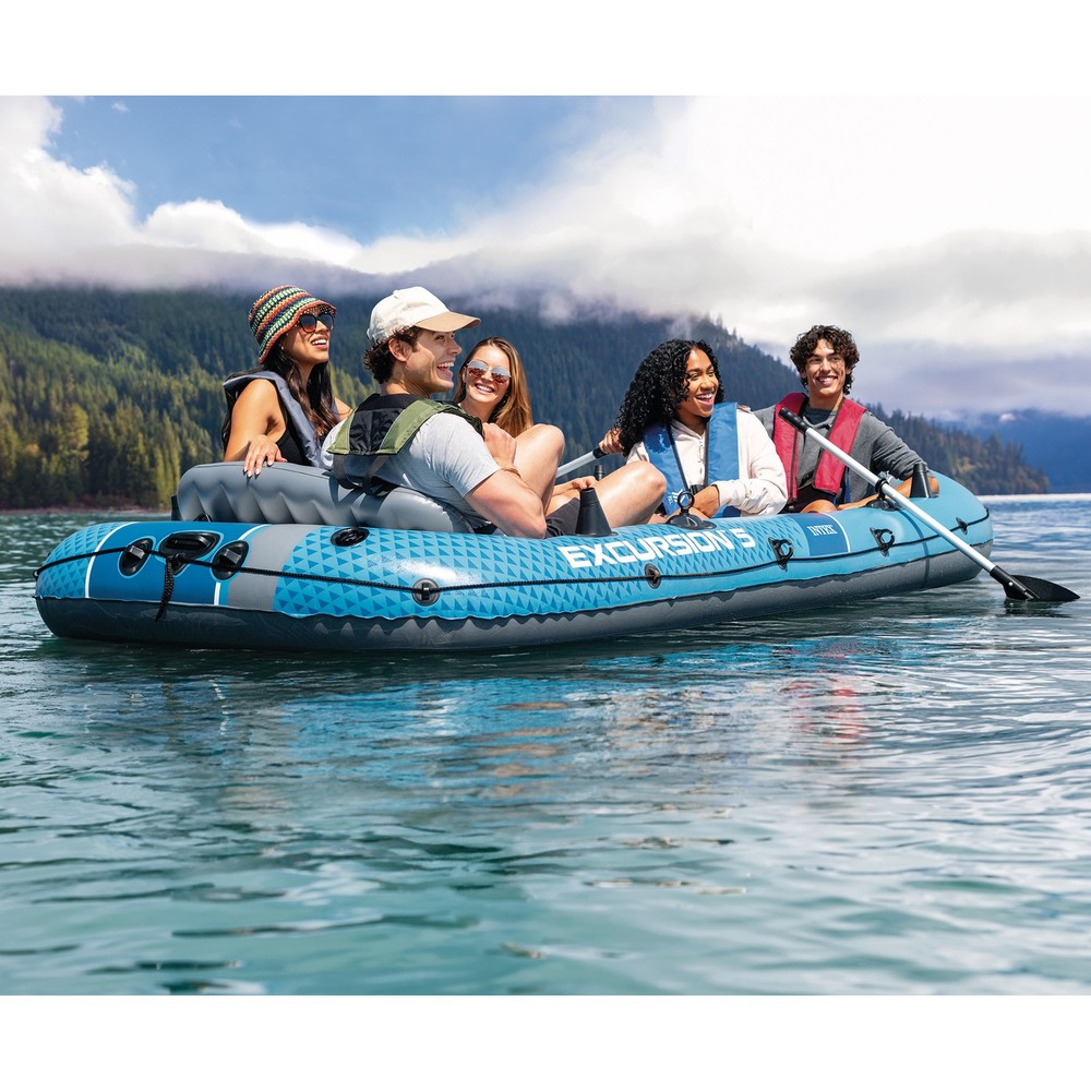 INTEX Excursion 5 Inflatable Boat Set w/54" Oars, Pump, & Rod Holders (Open Box)