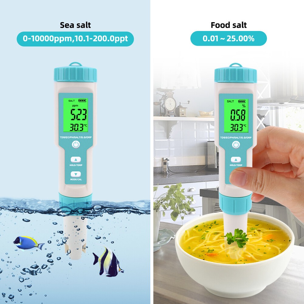 Digital LCD PH/TDS/EC/ORP/TEMP/SG/Salinity Water Quality Tester Meter Pen Kits