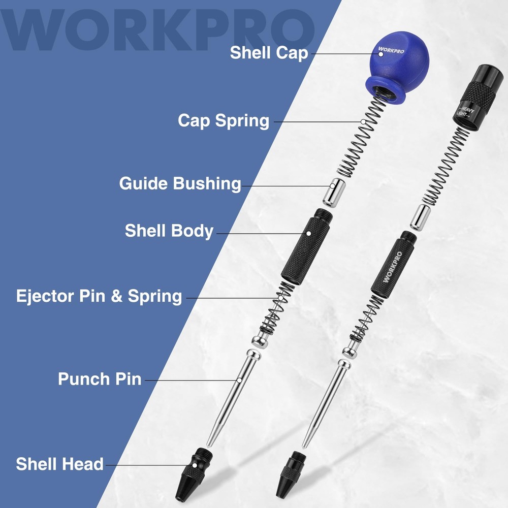 WORKPRO 2x Adjustable Spring Loaded Metal Center Punch w/ Extra Replacement Tip