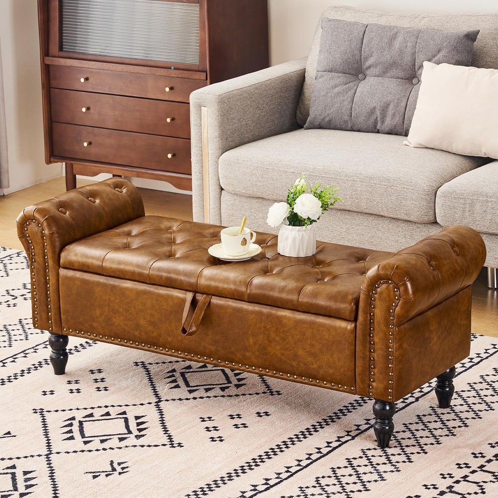 Storage Ottoman Bench, Leather Benches End of Bed Bench with Solid Wood Legs