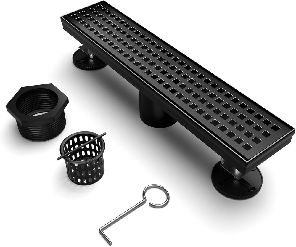 Desagüe de ducha lineal de 12 pulgadas, desagüe de suelo rectangular negro
