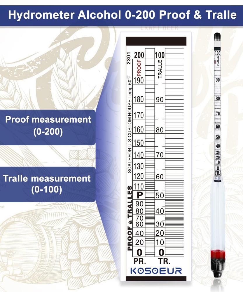 Hydrometer Alcohol Meter Kit, Hydrometer Alcohol 0-200 Proof and Tralle, Alco...
