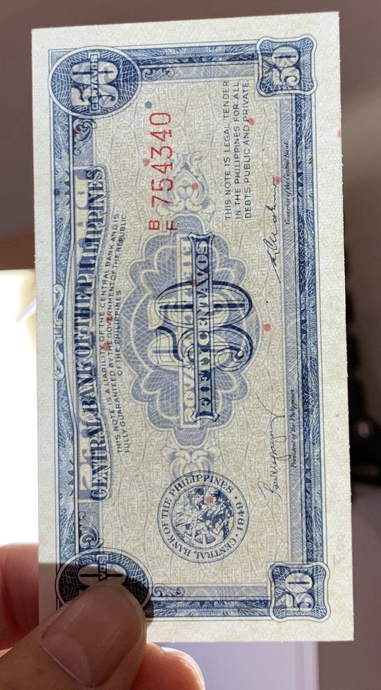 1949 Philippines Central Bank Note 50 Centavos P-131a, UNC