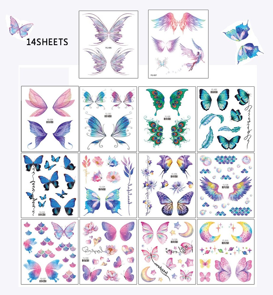 14 Sheets Glitter Butterfly Temporary Tattoos Sticker for Type1-Buterrfly