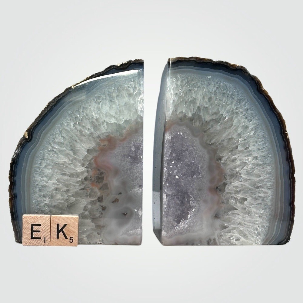 Agate Crystal Bookends, Amethyst Geode Center, Unique Bookshelf Home Decor (EK)