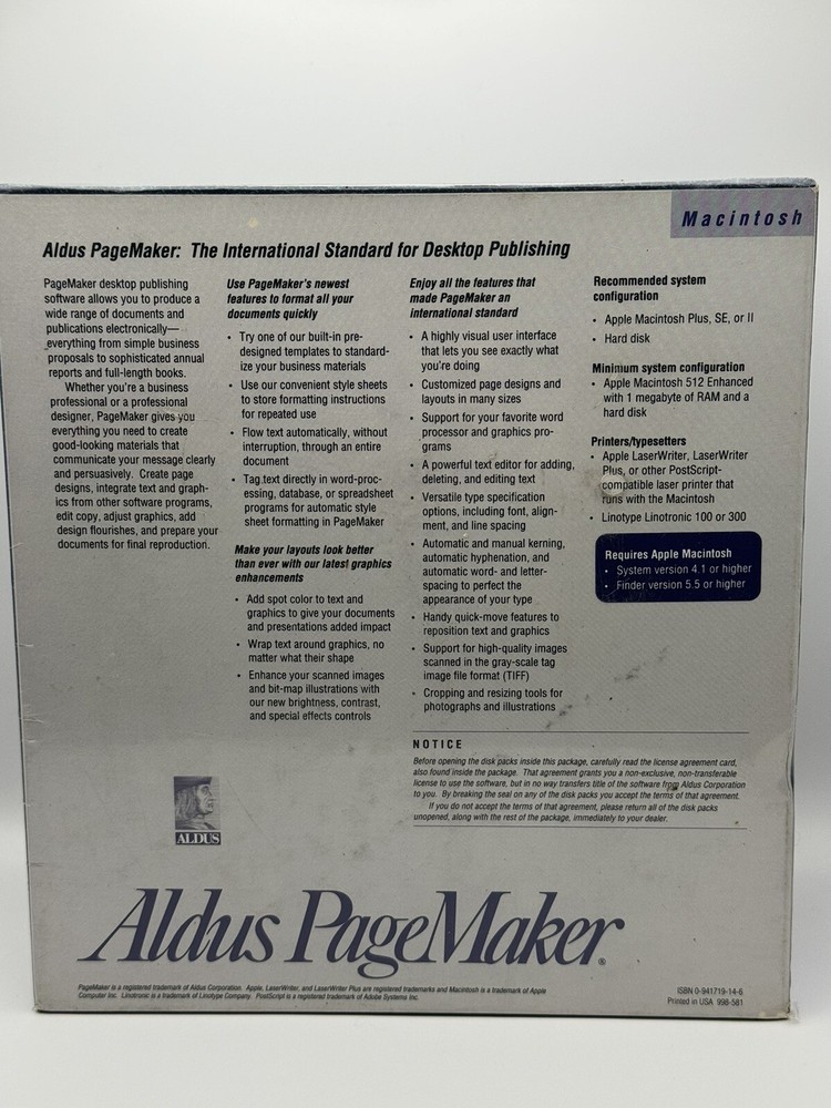 Vintage Software: Aldus PageMaker Version 3.0 New Rare Sealed Macintosh