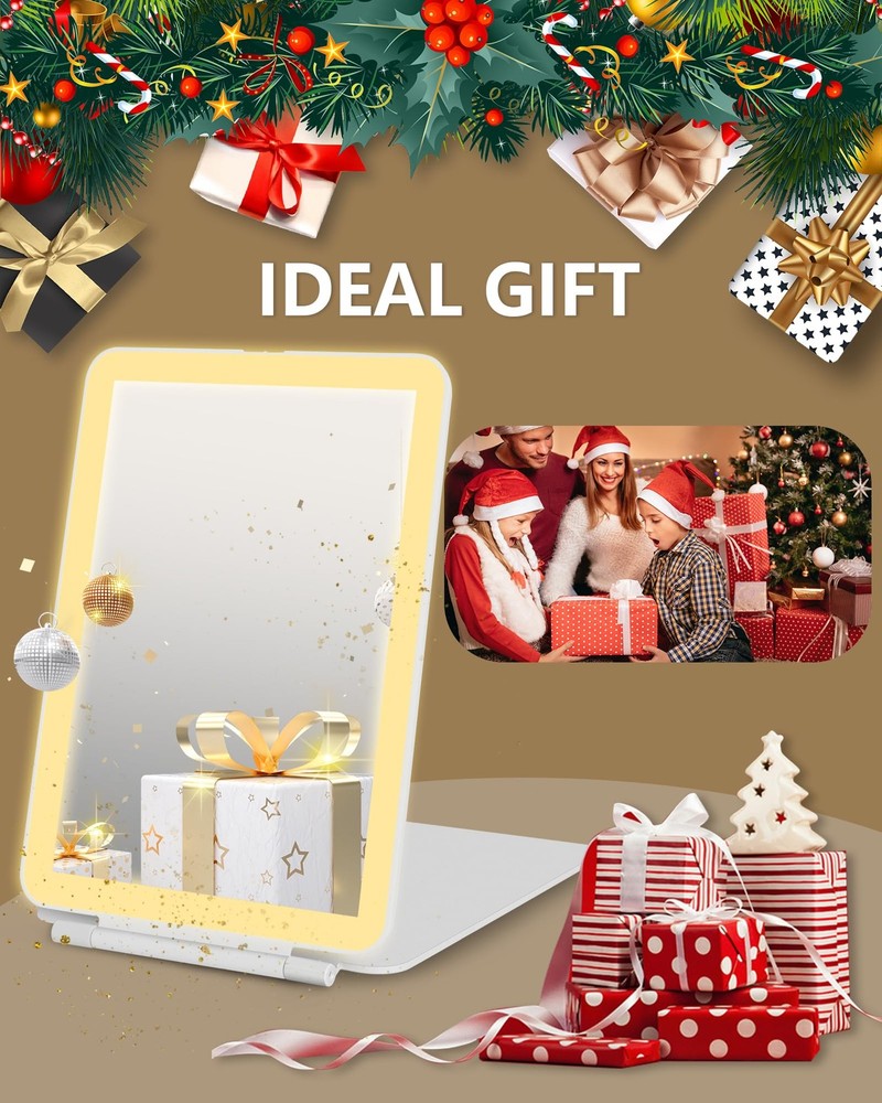 Rechargeable LED Makeup Mirror with Touch Screen, 3 Light Colors, Compact Size