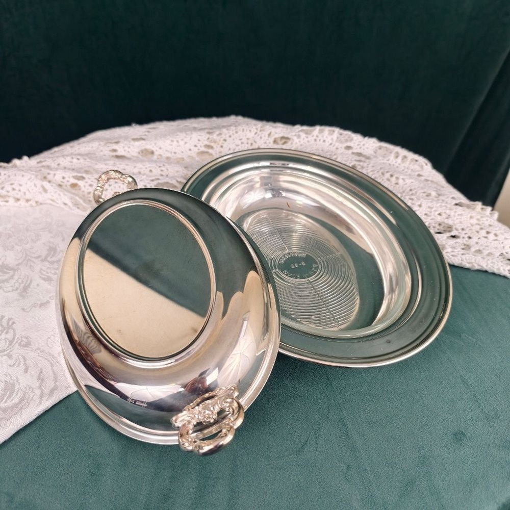 Vintage Elegant Silver Oval Serving Dish with Glass Dish