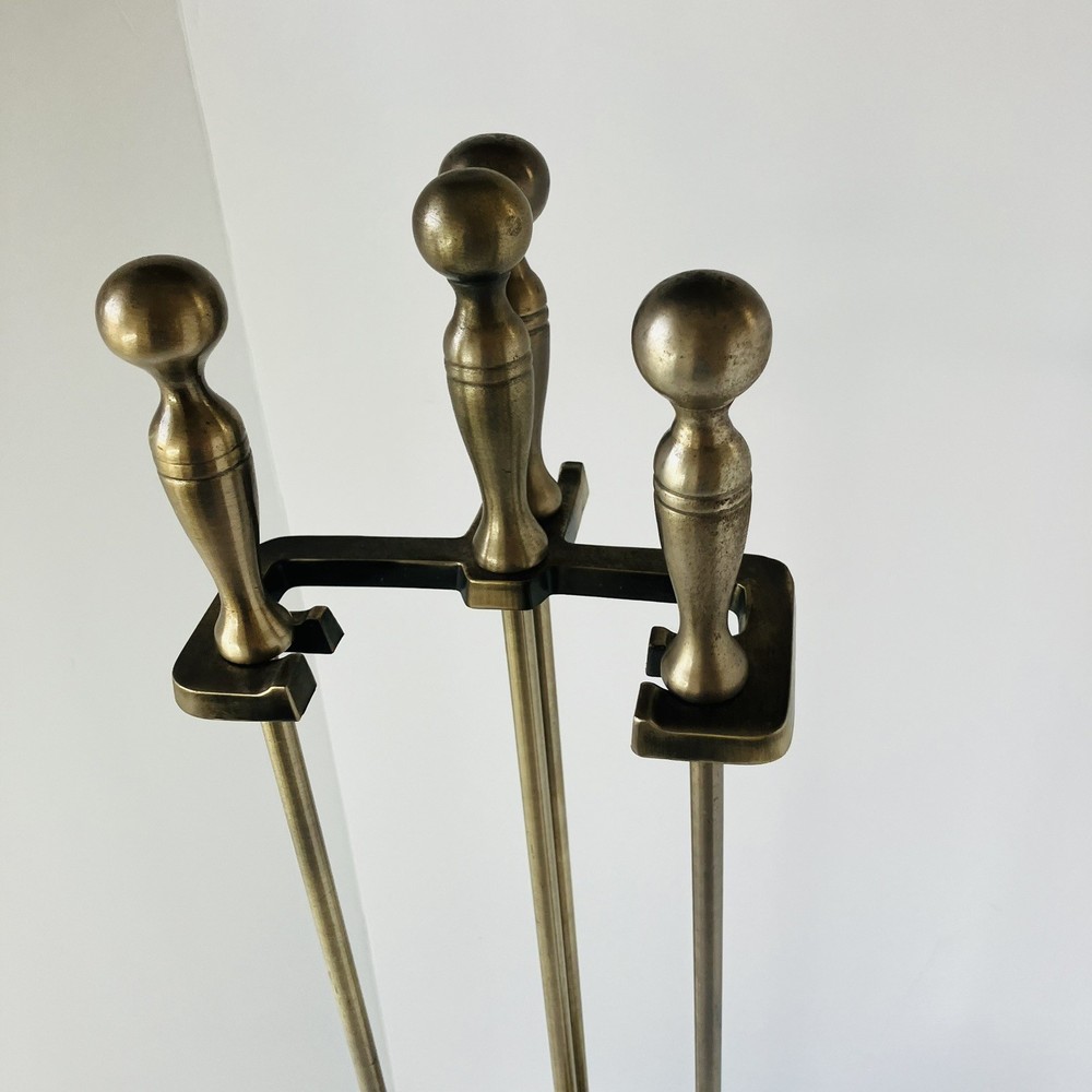 Vintage Solid Hammered Brass 3 Piece Fireplace Tool Set w/ Stand Bronze Metallic