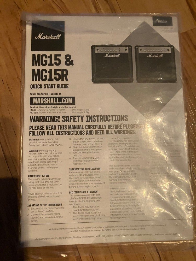 Marshall MG15 MG15R Quick Start Guide Manual