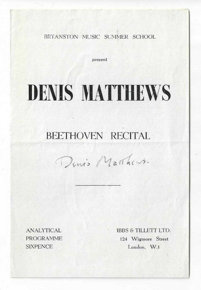 Denis Matthews Signed Progam ca. 1950 / Autographed Conductor