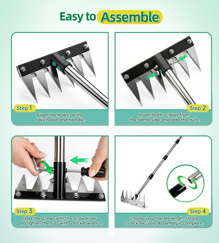 Weed Rake Tool Iron Weed Puller with 71" Adjustable Long Handle, 6 Teeth Gard...