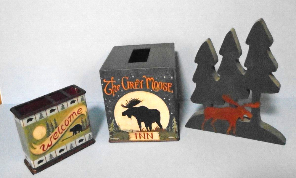 Rustic Moose/Bear Bathroom Set Tissue BoxHolder-Toothbrush Holder-3 Trees