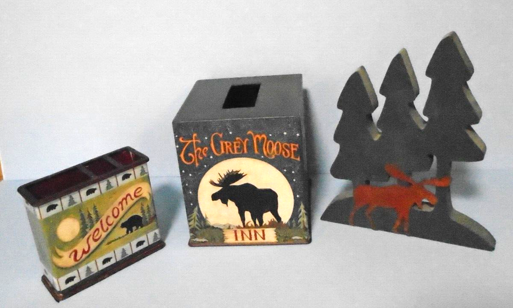 Rustic Moose/Bear Bathroom Set Tissue BoxHolder-Toothbrush Holder-3 Trees