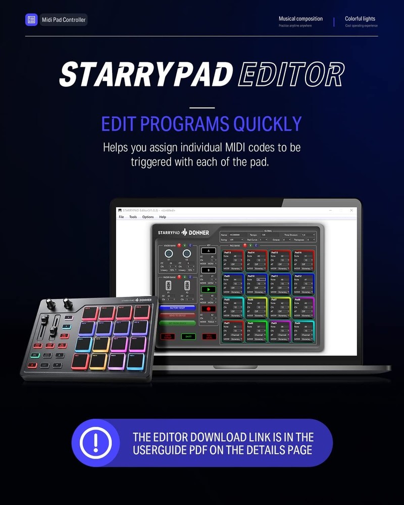 Donner Starrypad MIDI Controller Pad Beat Maker Machine 16 Pad 2 Fader & Knobs