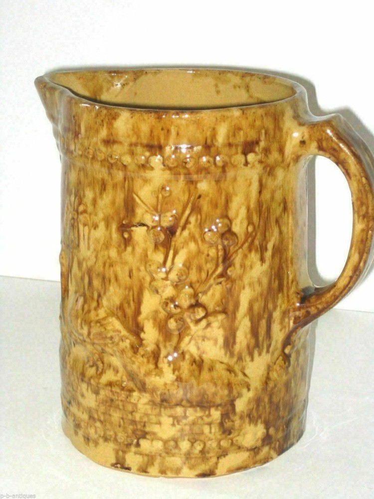 Antique Spongeware Yellow Ware Rockingham Peacock Pitcher