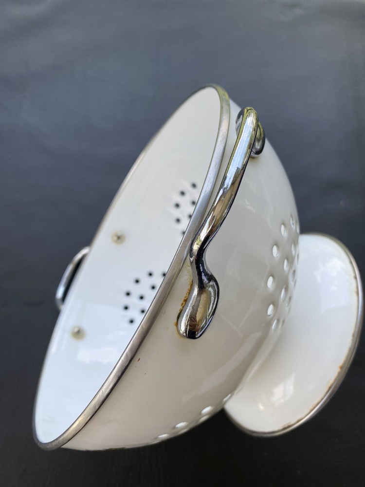 Vintage Footed Enamel Colander Strainer White With Vegetables Design With Handle