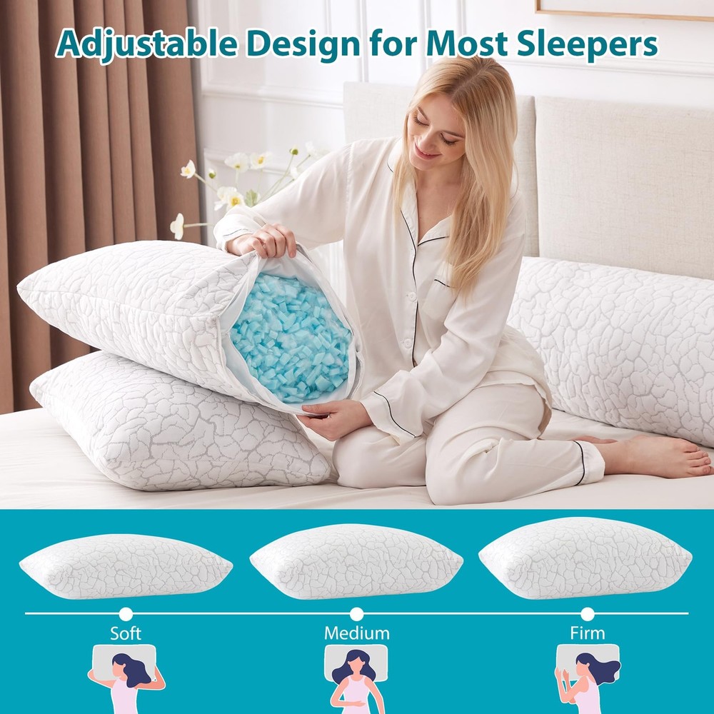 Cooling Pillows for Sleeping 2 Pack, Adjustable Shredded Memory Foam Pillows ...