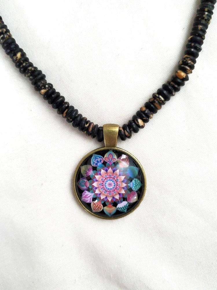 Bone Necklace w/Multi-colored Antique Brass Pendant