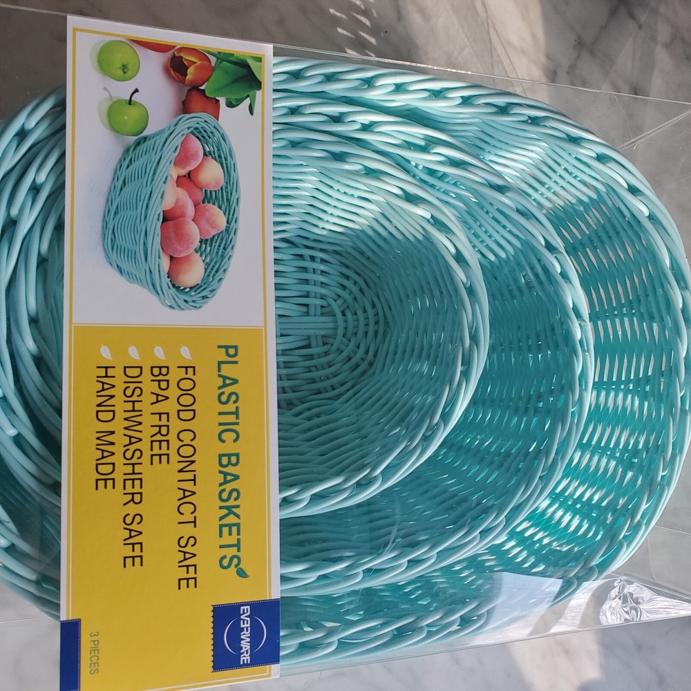3 woven plastic baskets. sky blue