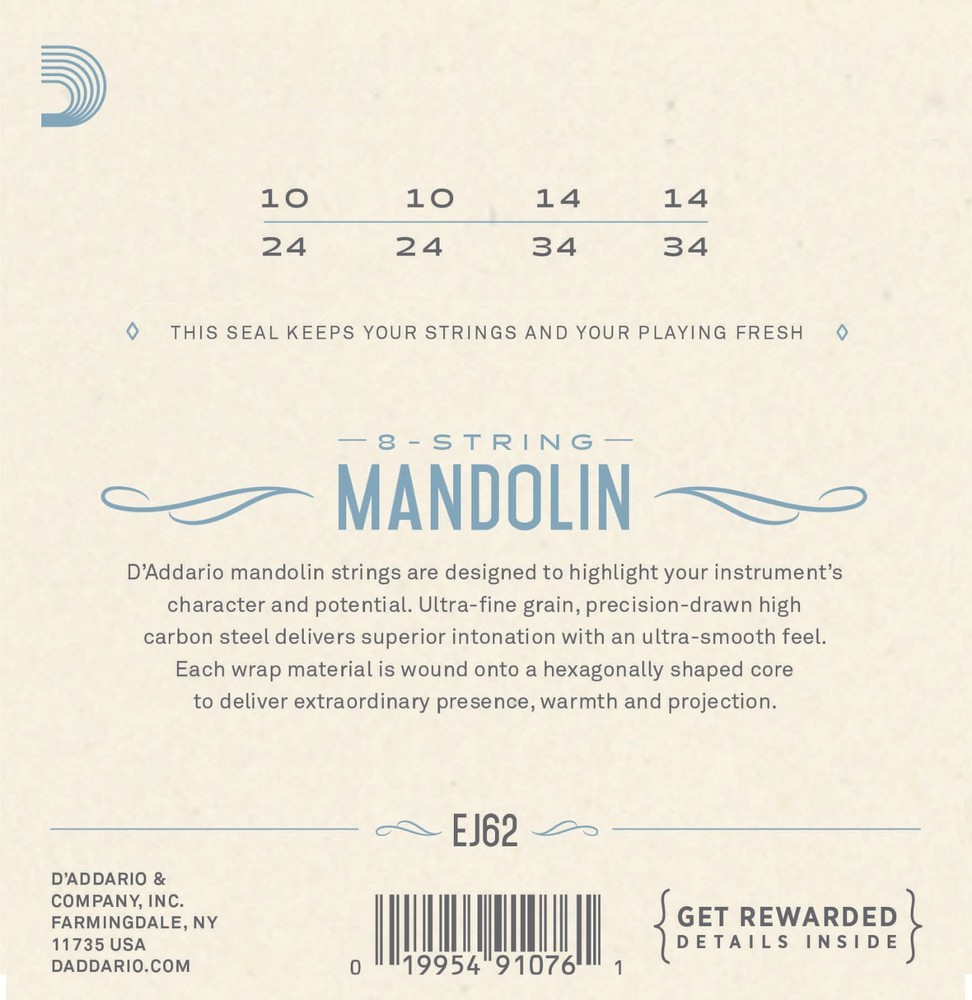 D'Addario EJ62 Mandolin Strings 80/20 Bronze Light 10-34