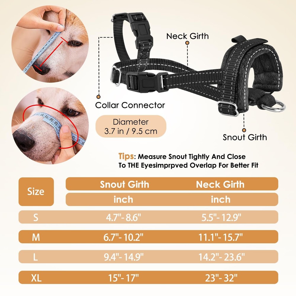 Soft Adjustable Padded Nylon Dog Muzzle Anti Chewing Barking Black Medium