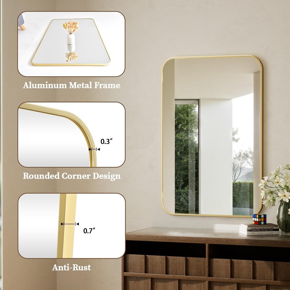 26" x 38" Rectangular Aluminum Alloy Frame Wall Mounted Bathroom Mirror with ...