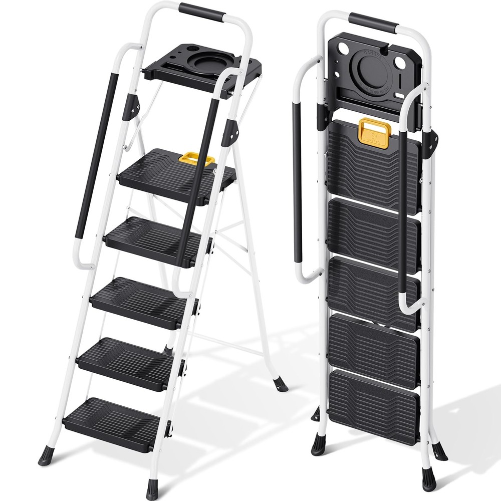 KINGRACK Folding 5-Step Ladder, 800 lbs Capacity Step Stool 5-STEP, White
