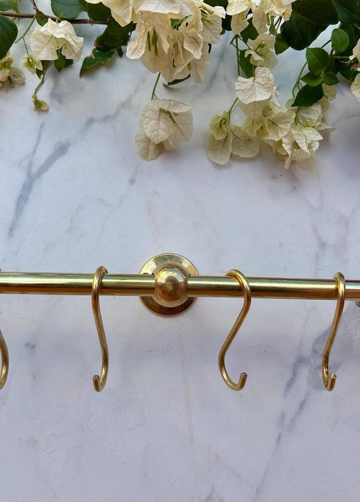 Solid Brass Hanging Pot Rack – Antique Brass Kitchen Rail with Hooks, Wall-Mount