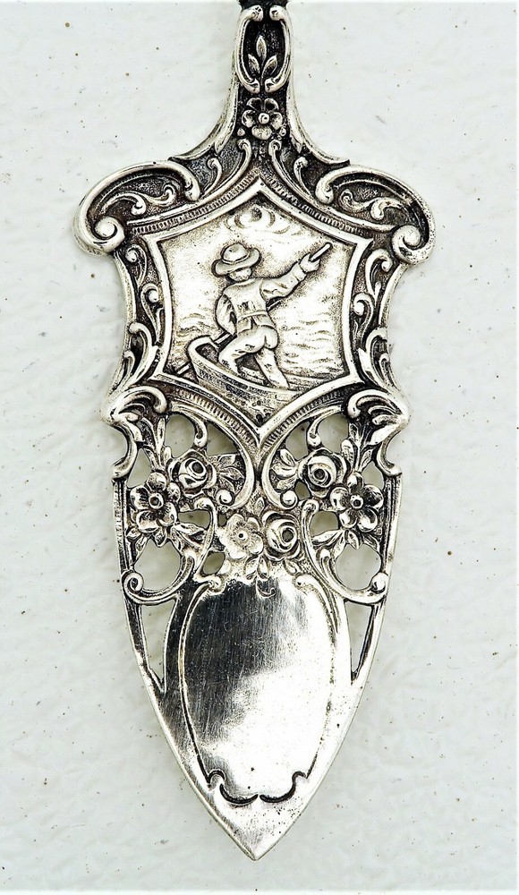 German Solid Silver Desert Entree Pierced Server Engraved Design Sail Ship End