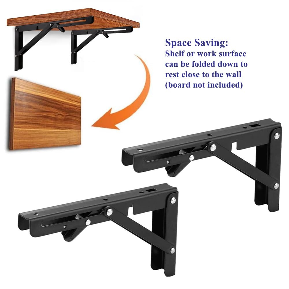 Folding Shelf Brackets 6 Inch Matte Black Collapsible Triangle Hinge 2 PCS
