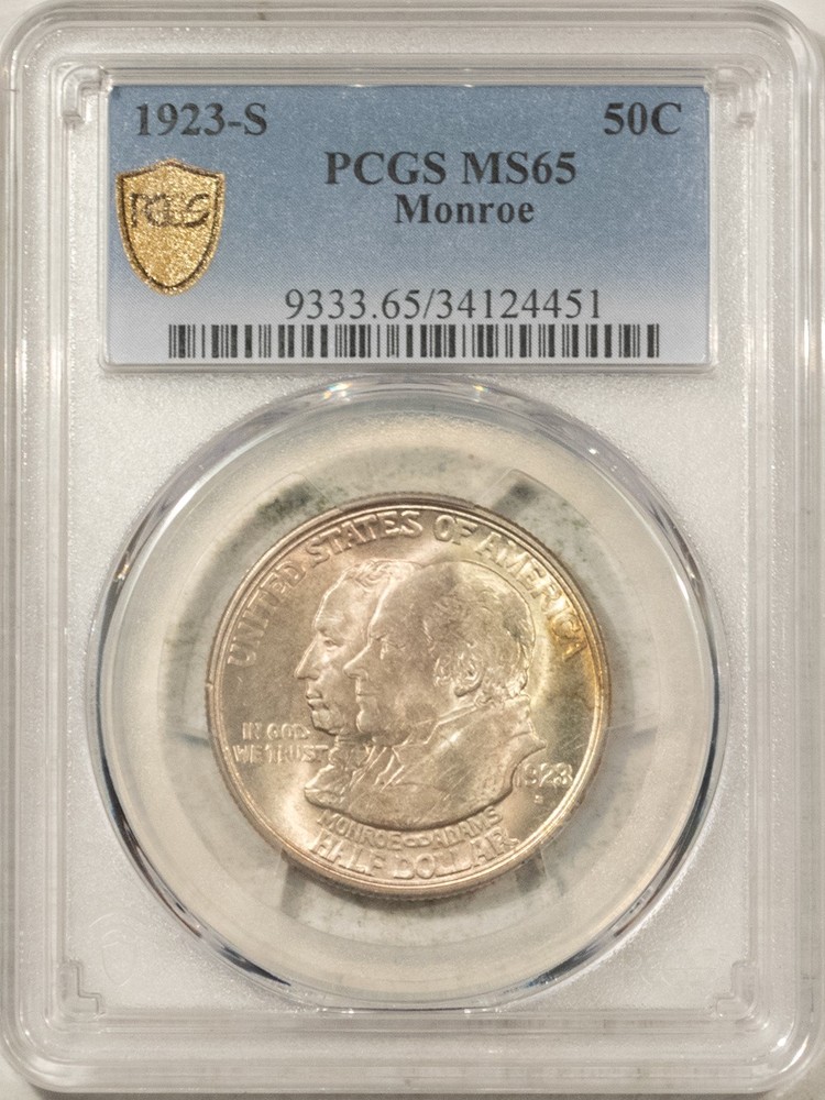 1923-S MONROE COMMEMORATIVE HALF DOLLAR - PCGS MS-65, PRETTY GEM!