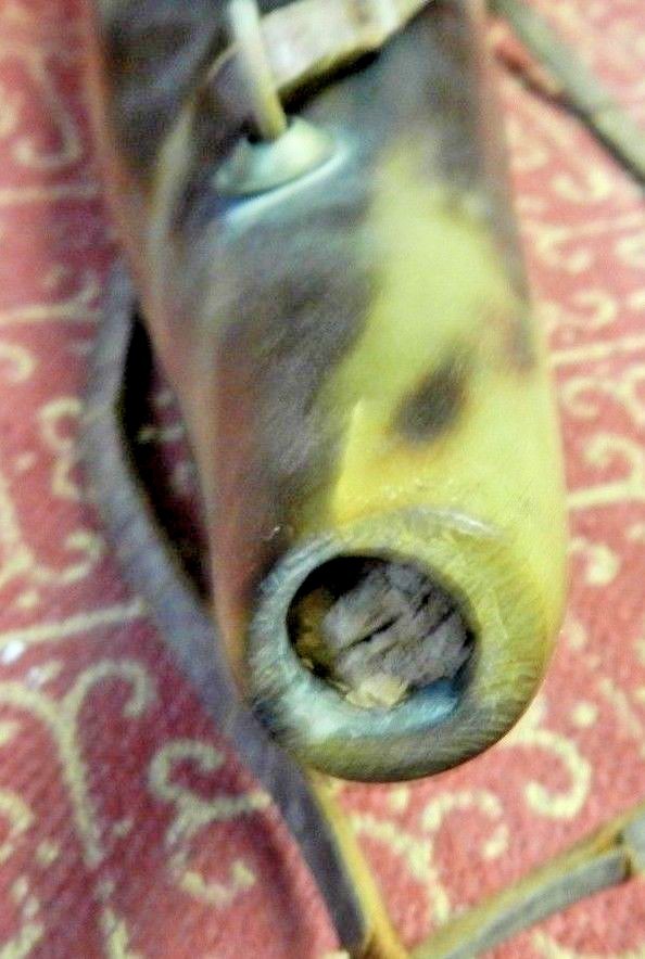 VINTAGE MUZZLE LOADING POWDER HORN WITH WEATHERED FRAYING LEATHER STRAP