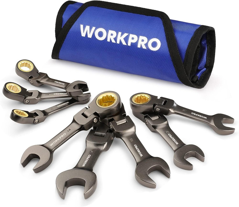 WORKPRO 8PCS Flex-Head Stubby Ratcheting Combination Wrench Set w/Rolling Pouch