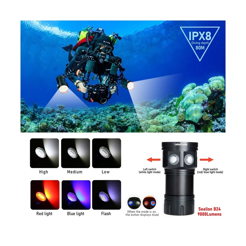 LetonPower B24 Dive Light Underwater Flashlight 9000Lumens Underwater Video L...