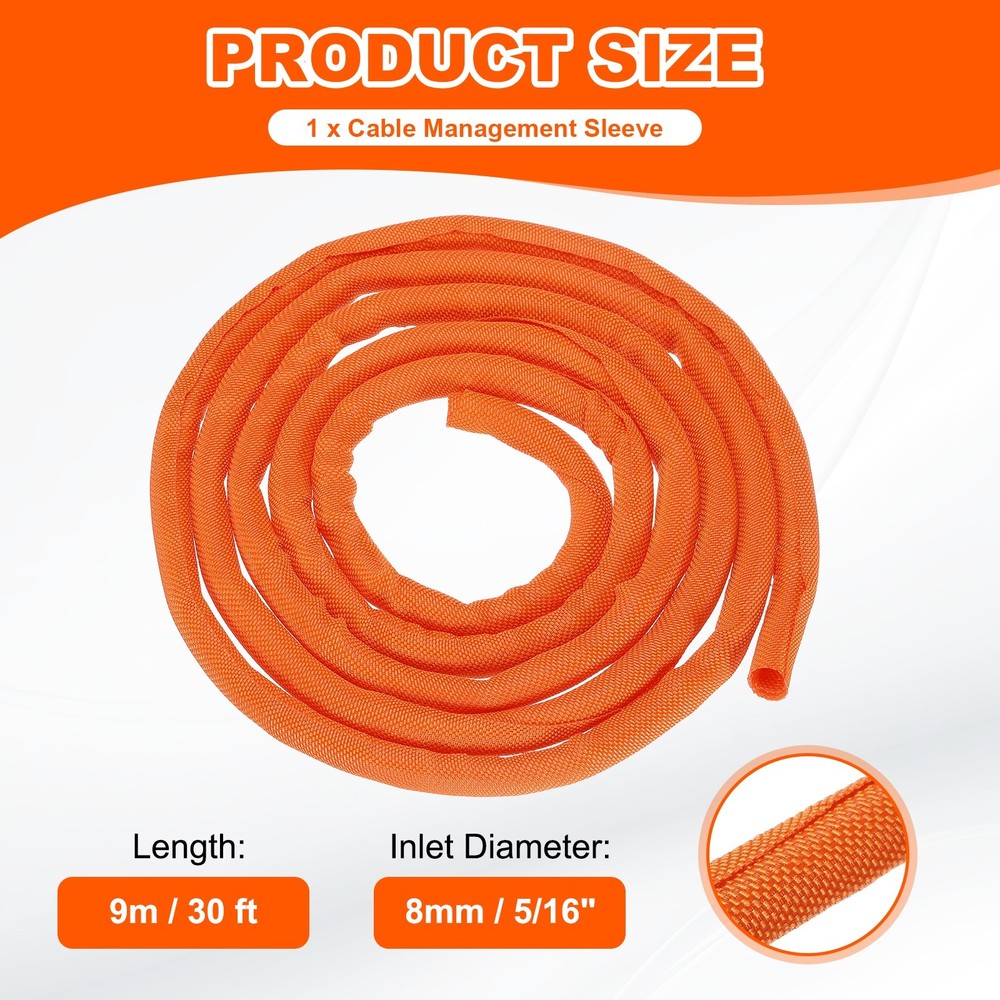 Wire Split Braided Cable Management Sleeve, Orange (5/16" - 30 Feet)