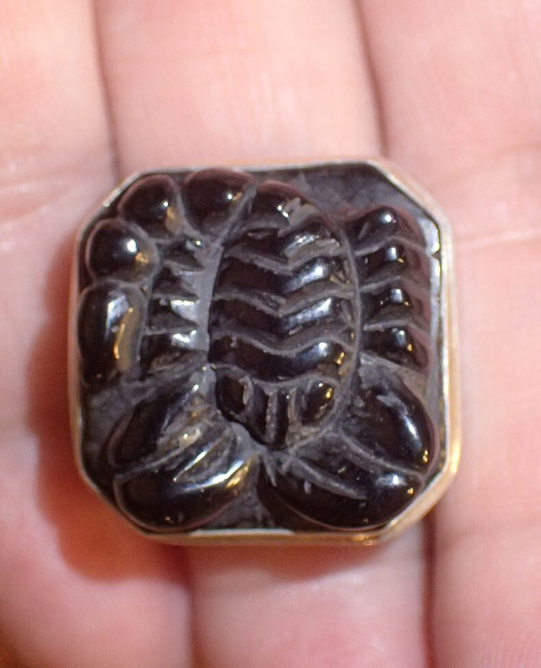 Carved Onyx Scorpion Sterling Silver Ring. Adjustable