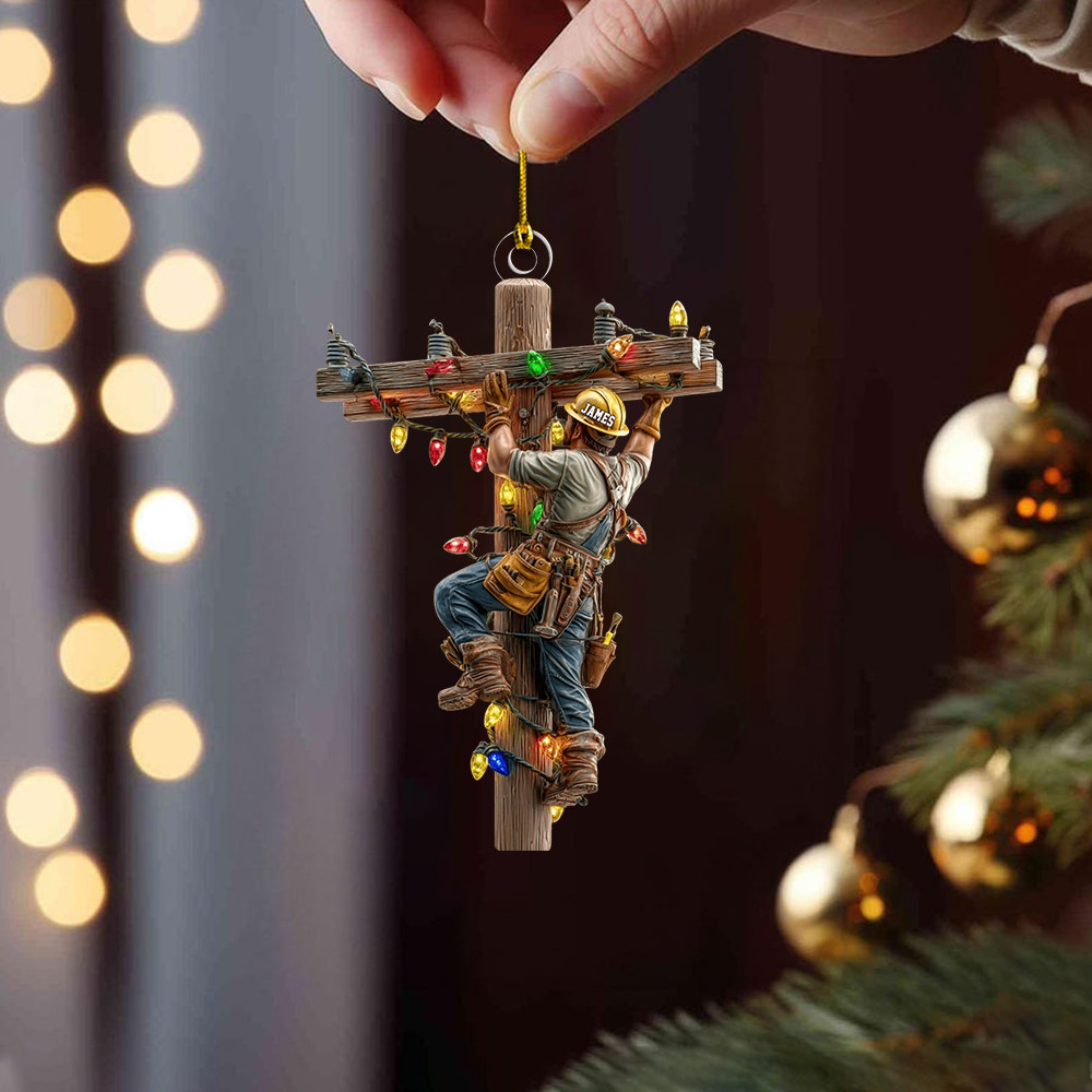 Personalized Lineman Ornament 2025 – Custom Name Electrician Climbing Pole
