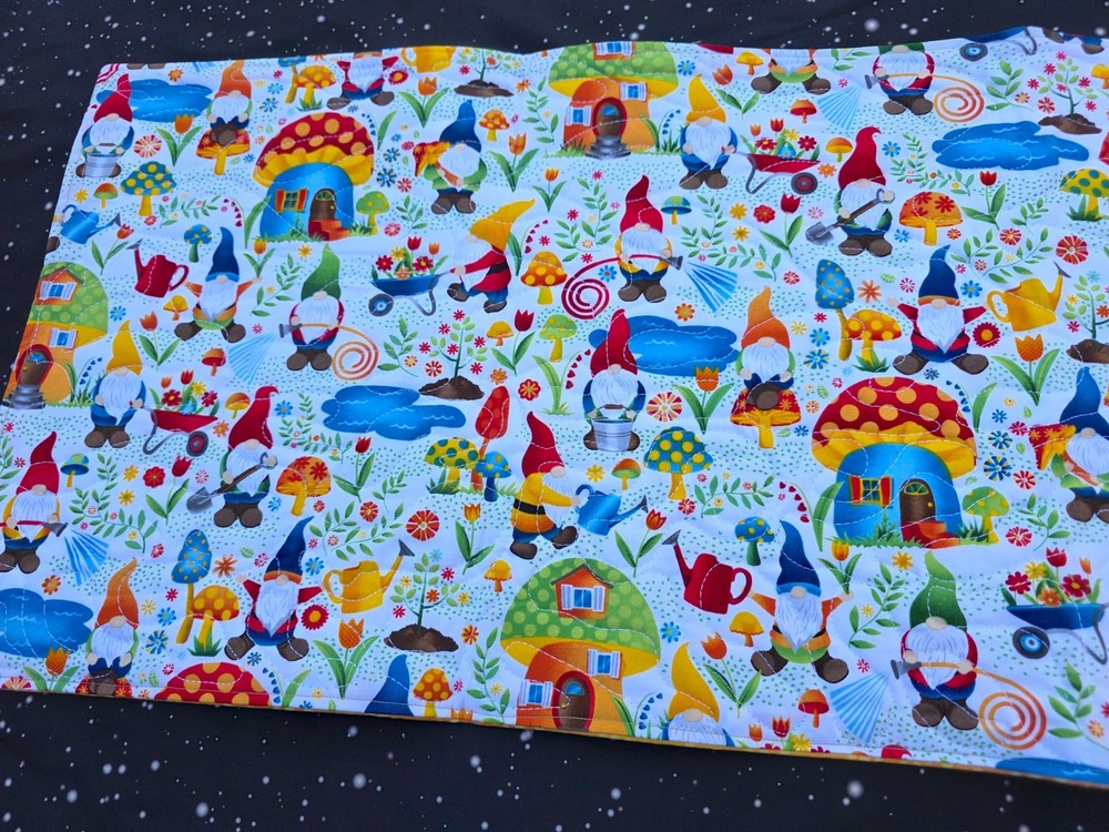 Handmade Quilted Table Runner Gnomes mushrooms flowers toadstool Garden
