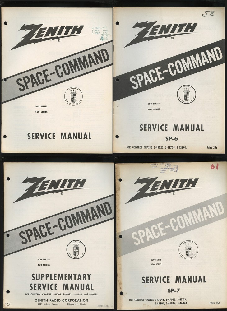 Four (4) ZENITH Space Command SERVICE MANUALS 1957-1961