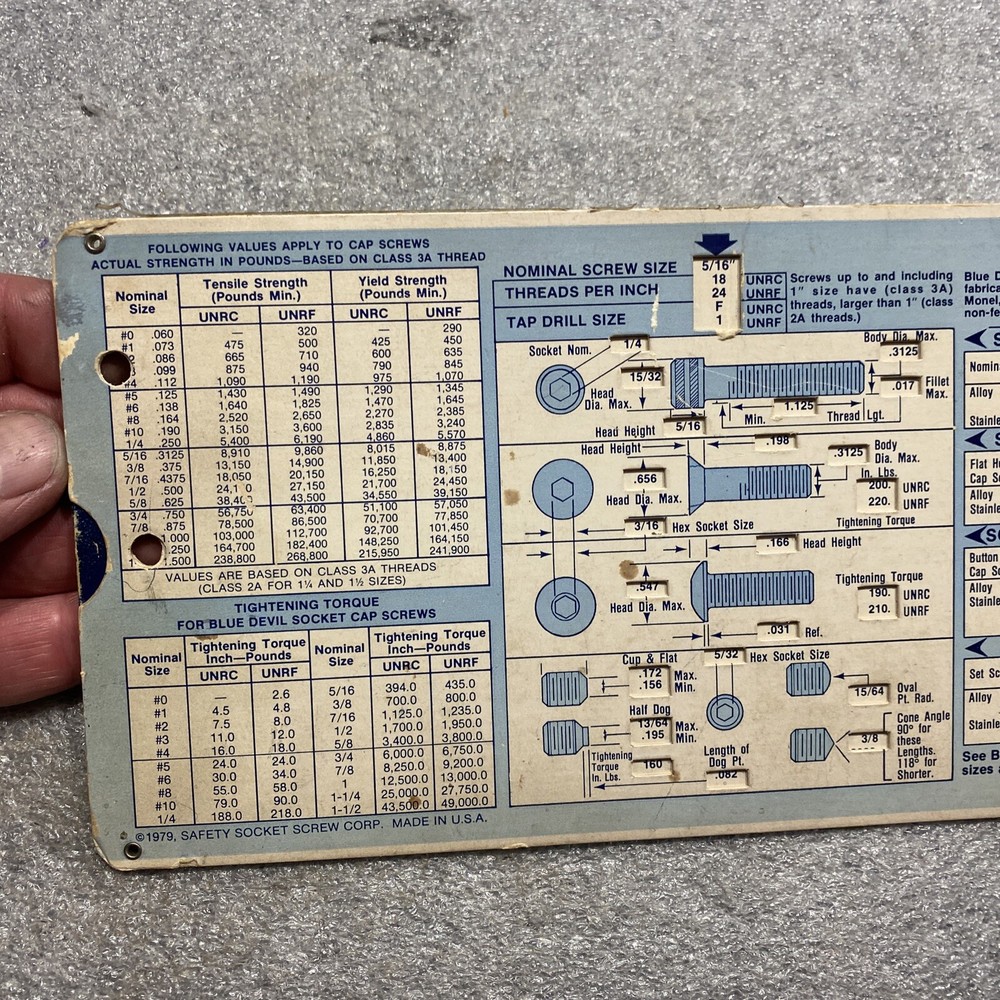 Blue Devil Socket Screw Guide Slide Chart, 1979