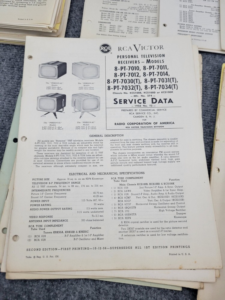 Vintage RCA Service Repair Technical Data Sheets Lot