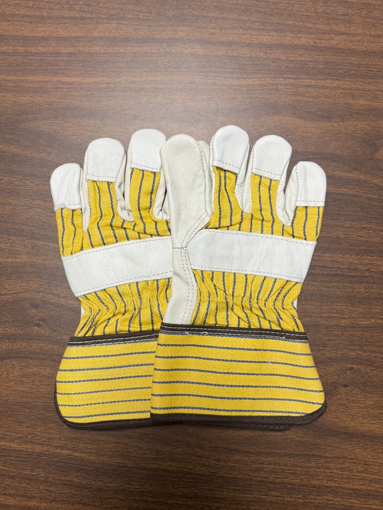 Men's Work Glove, Grain Leather Palm, Stripe Fabric Back, Large