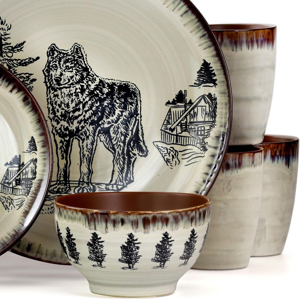 16-Pc Stoneware Dinnerware Set Wolf Design Round Plates Warm Taupe & Brown